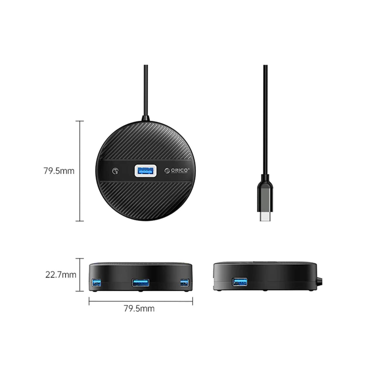ORICO YS1-C2 USB-hubb med 4 portar: 1x USB-A 3.0, 3x USB-A 2.0, 0,3 m – svart