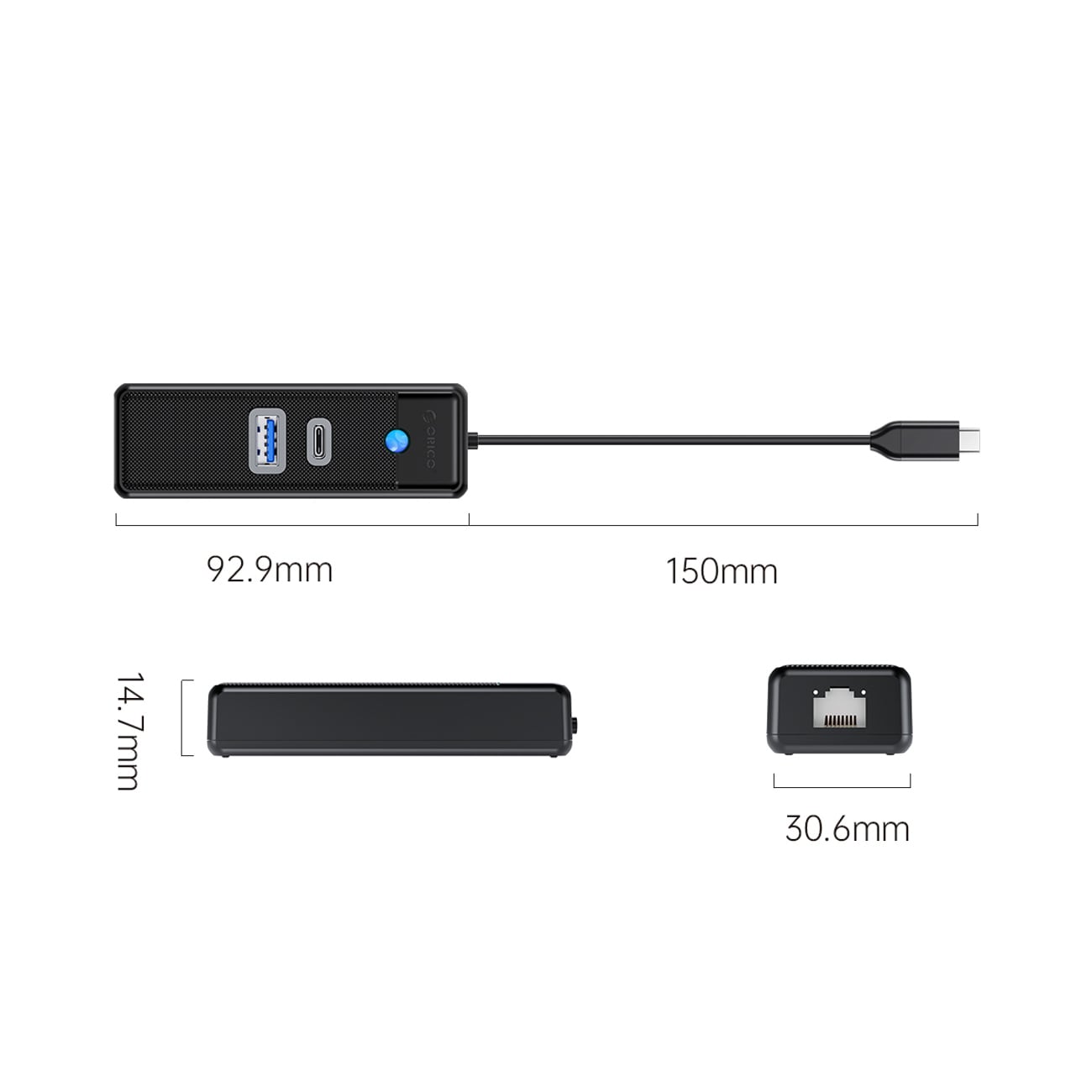 Orico PWCUR-C3 USB-hubb 3 portar: USB-A 3.0, USB-C 3.0, RJ45 Gigabit, 0,15 m, svart