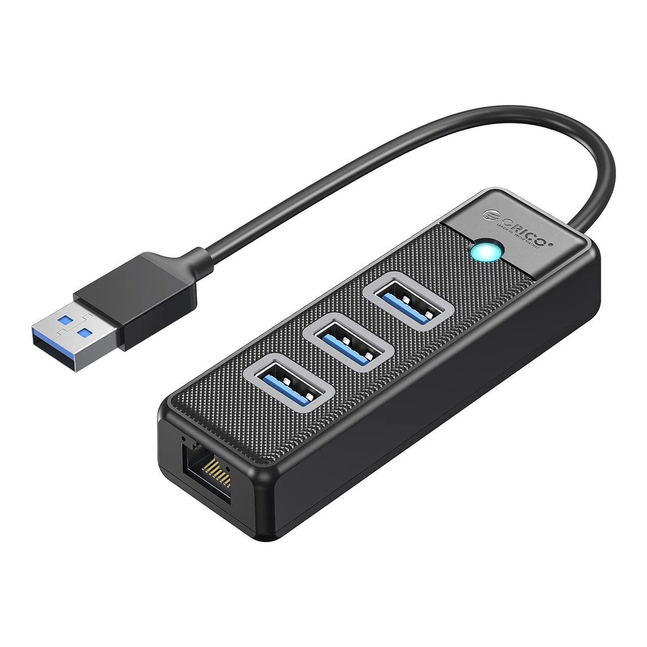 Orico PW3UR25-U3 USB-hubb med 4 portar: 3 x USB-A 3.0 och 1 x RJ45 2,5 G Ethernet, 0,15 m – svart