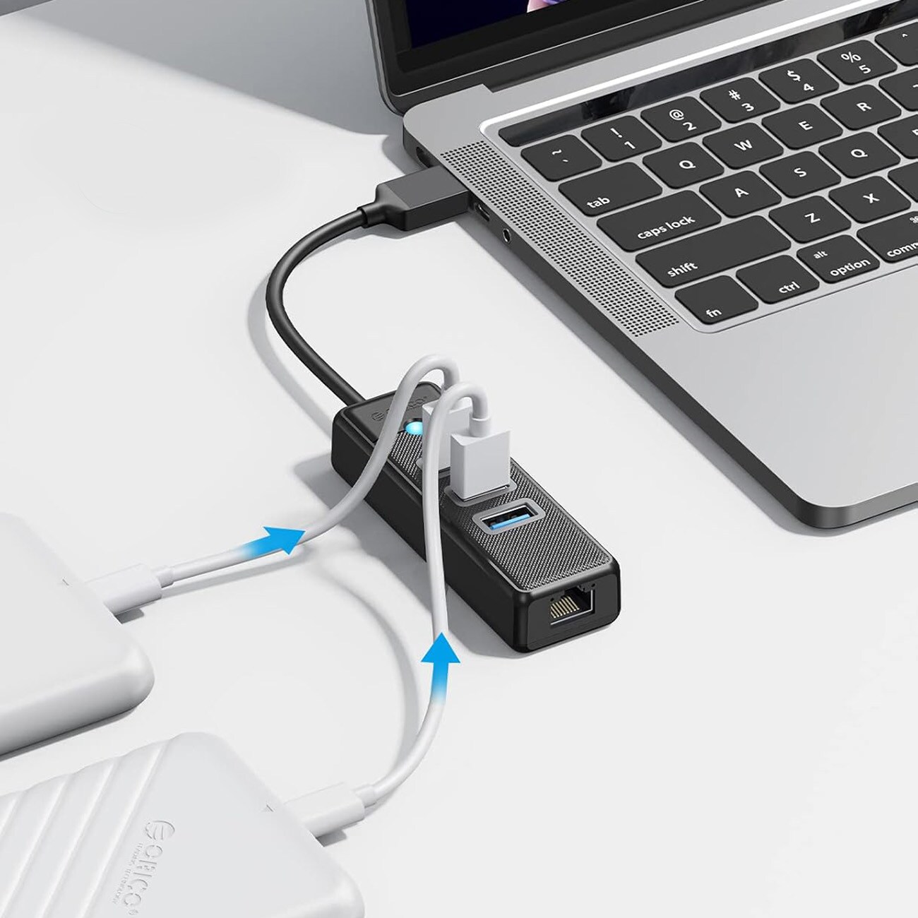 Orico PW3UR25-U3 USB-hubb med 4 portar: 3 x USB-A 3.0 och 1 x RJ45 2,5 G Ethernet, 0,5 m – svart