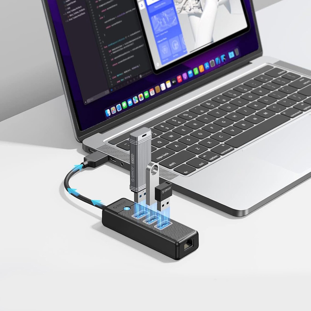 Orico PW3UR25-U3 USB-hubb med 4 portar: 3 x USB-A 3.0, 1 x RJ45 2,5 G Ethernet, 1 m – svart