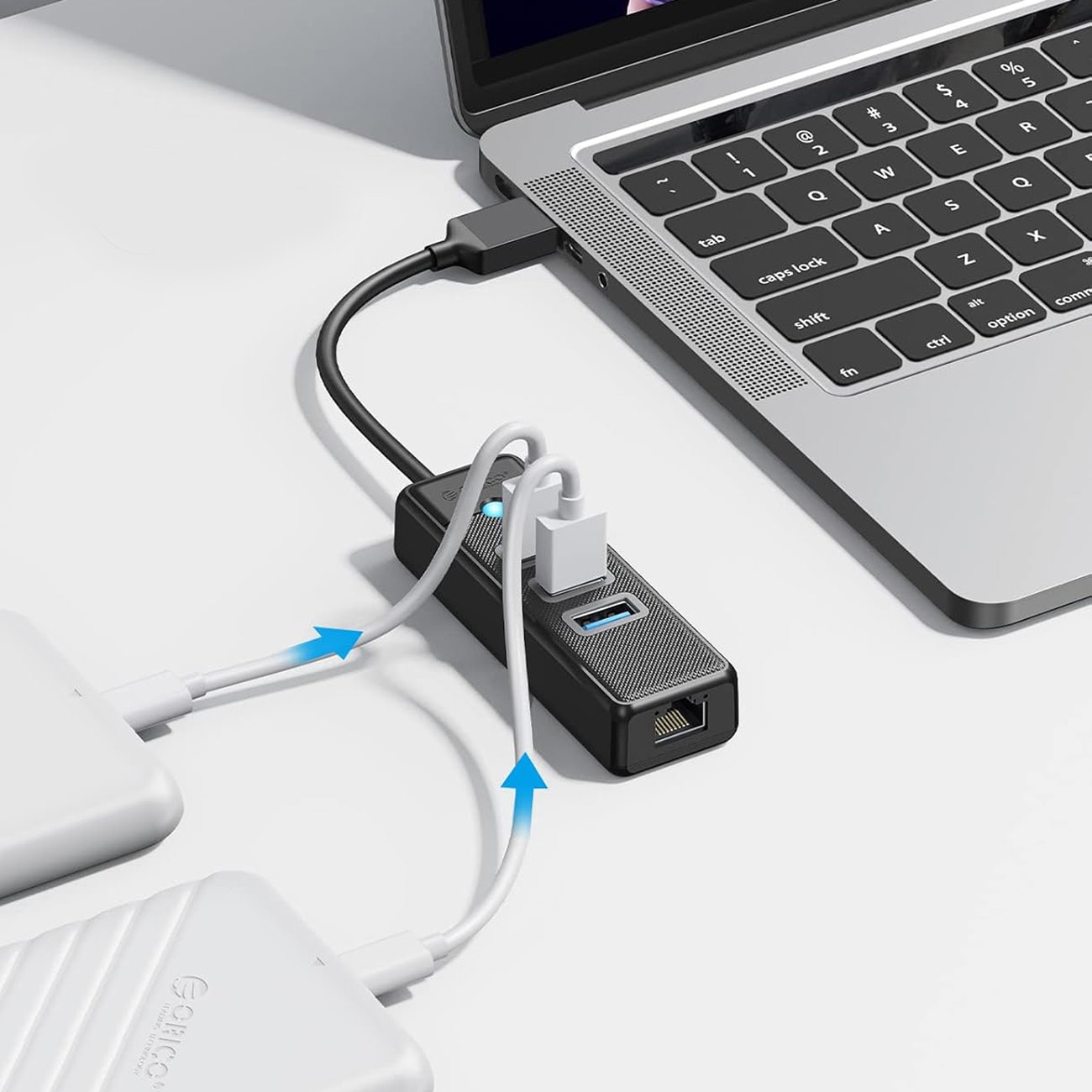 Orico PW3UR25-U3 USB-hubb med 4 portar: 3 x USB-A 3.0, 1 x RJ45 2,5 G Ethernet, 1,8 m – svart