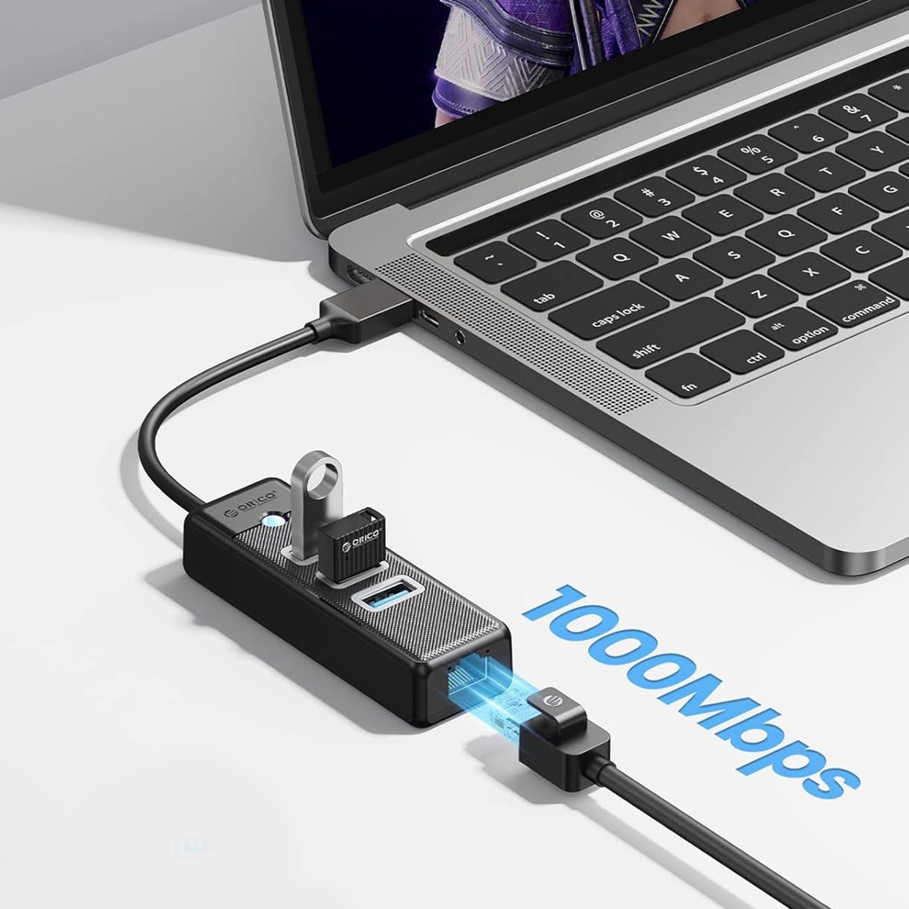 Orico PW3UR25-U3 USB-hubb med 4 portar: 3 x USB-A 3.0, 1 x RJ45 2,5 G Ethernet, 1,8 m – svart