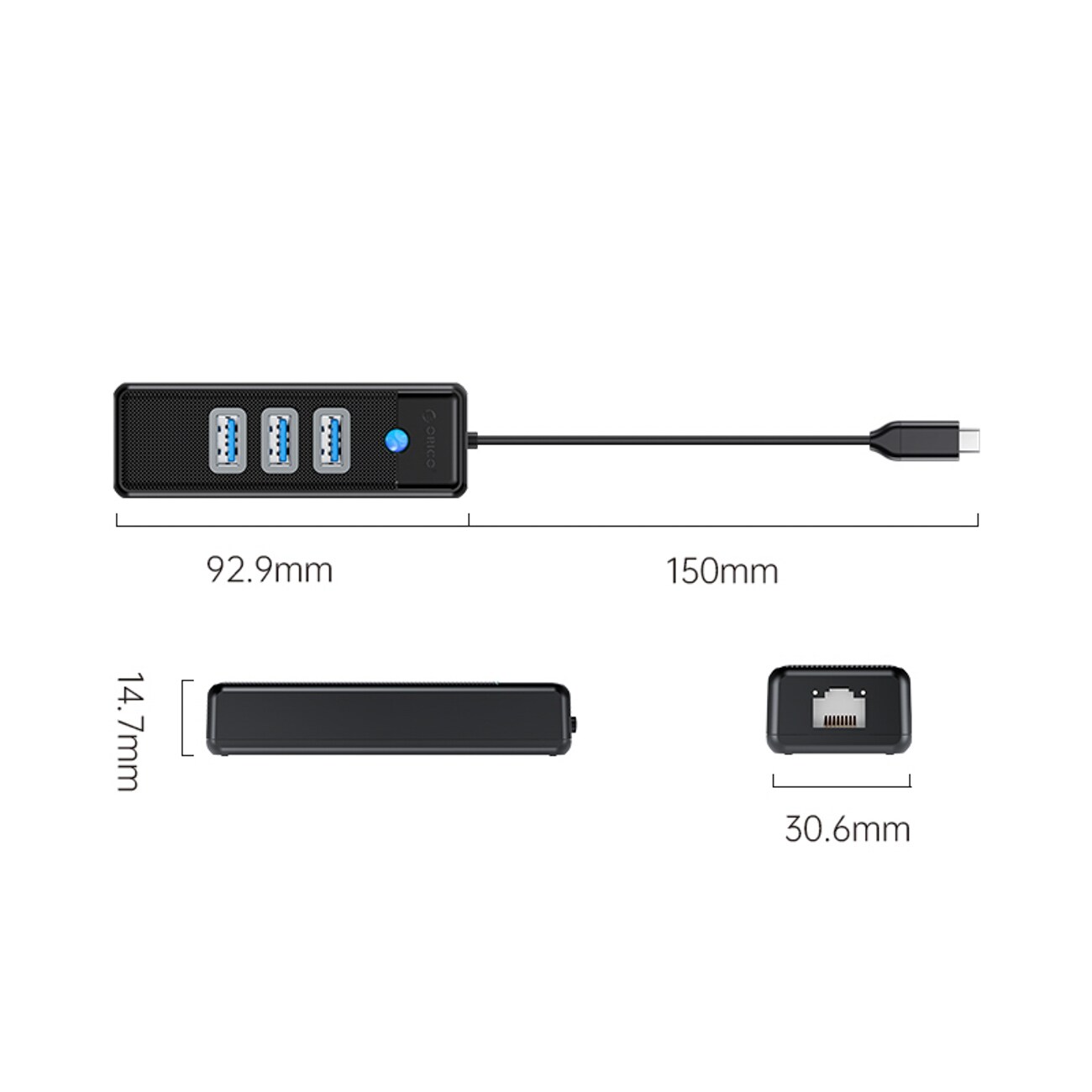 Orico PW3UR25-C3 USB-hubb med 4 portar: 3 x USB-A 3.0 och 1 x RJ45 2,5 G Ethernet, 0,15 m – svart