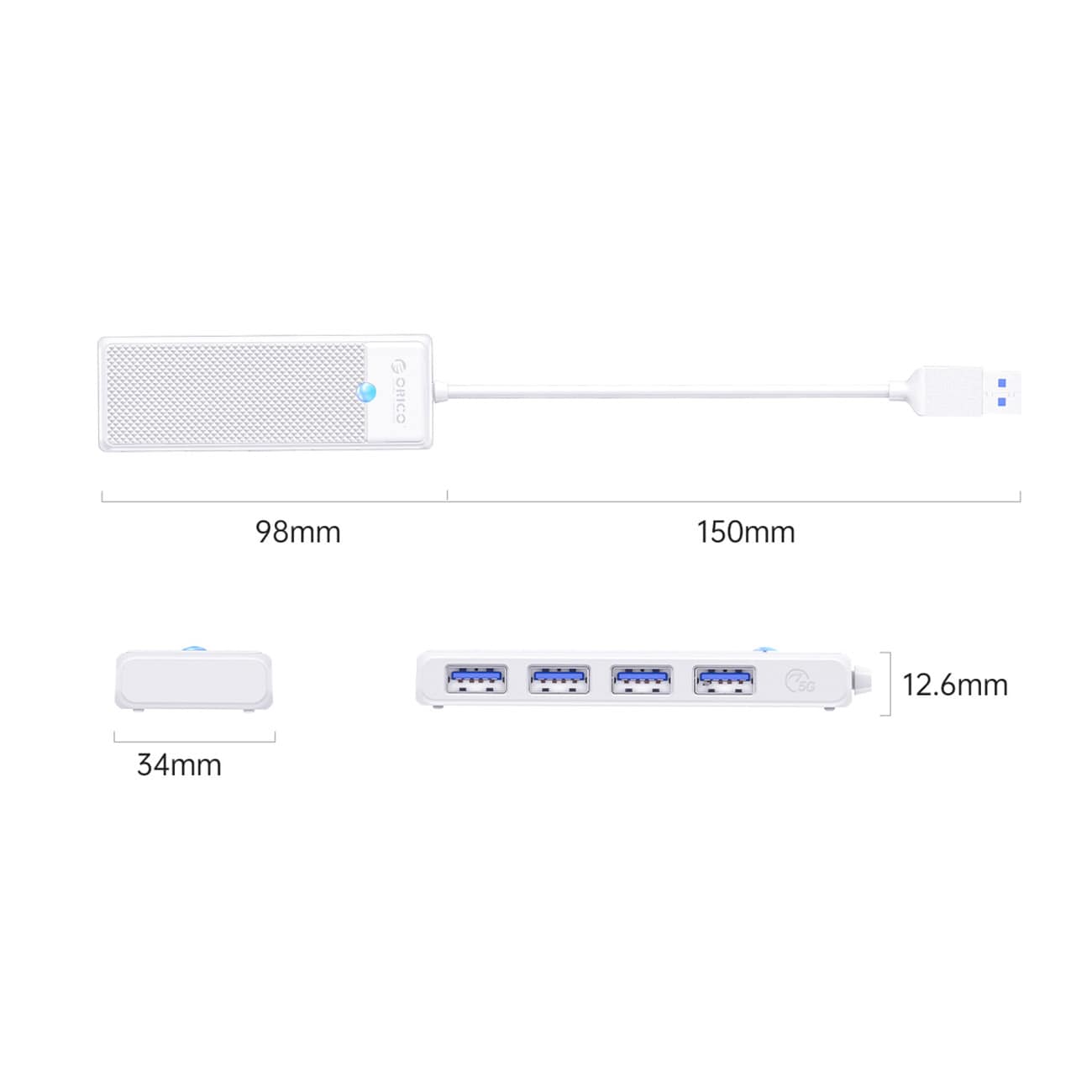 Orico PAPW4A-U3 USB-hubb med 4 portar (4x USB-A 3.0), 1,8 m – vit