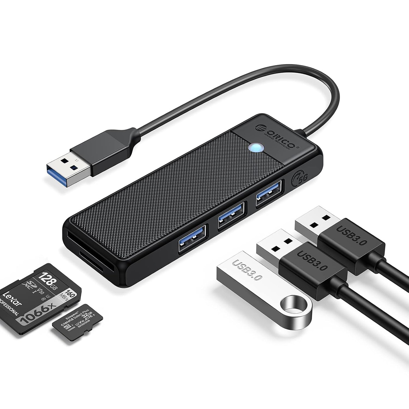Orico PAPW3AT-U3 USB-hubb med 4 portar (3x USB-A 3.0) och microSD-/SD-kortläsare, 1 m – svart