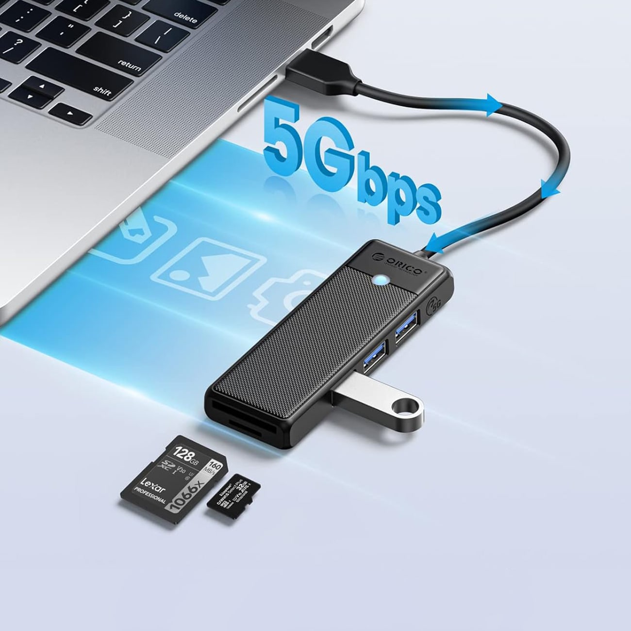 Orico PAPW3AT-U3 USB-hubb med 4 portar (3x USB-A 3.0) och microSD-/SD-kortläsare, 1 m – svart