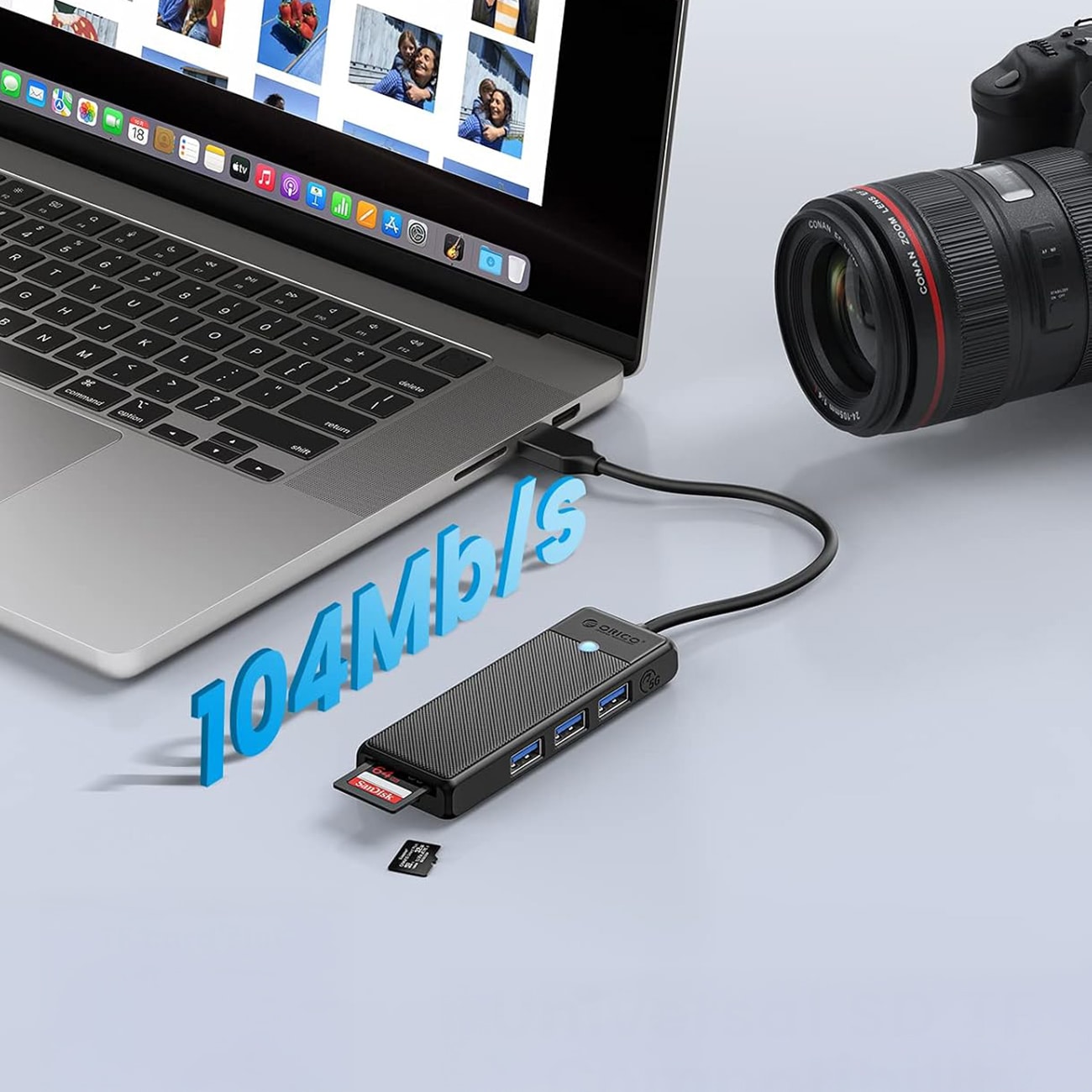 Orico PAPW3AT-U3 USB-hubb med 4 portar (3x USB-A 3.0) och microSD-/SD-kortläsare, 1 m – svart