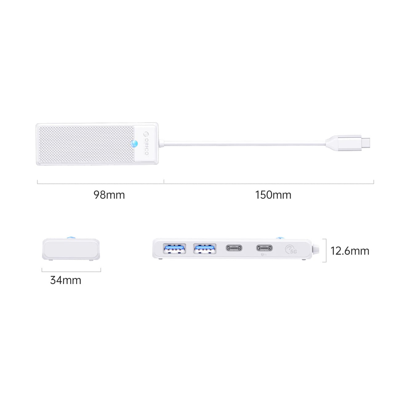 Orico PAPW2AC-C3 USB-hubb 4 portar: 2x USB-A 3.0, 1x USB-C 3.0, USB-C PD 100 W, 0,15 m vit