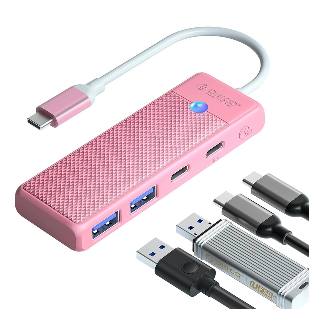 Orico PAPW2AC-C3-C3 USB-hubb 4 portar: 2x USB-A 3.0, 1x USB-C 3.0, USB-C PD 100 W, 0,15 m rosa
