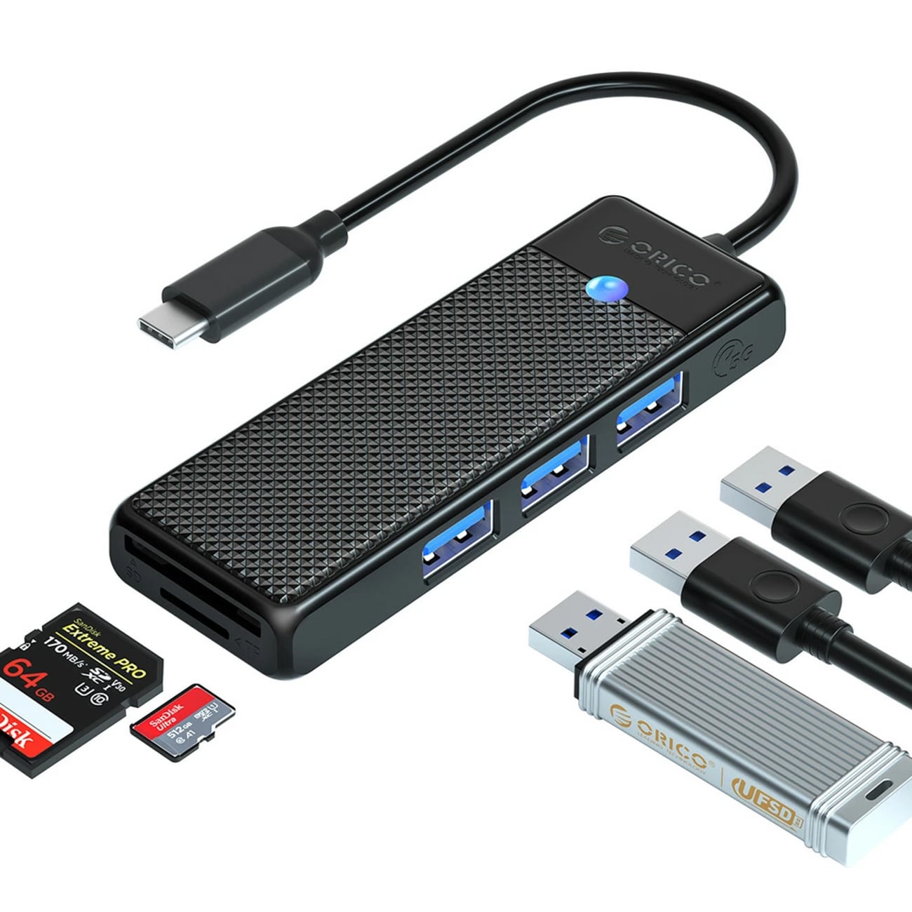 Orico PAPW3AT-C3 USB-hubb med 4 portar (3x USB-A 3.0) och microSD-/SD-kortläsare, 1 m – svart
