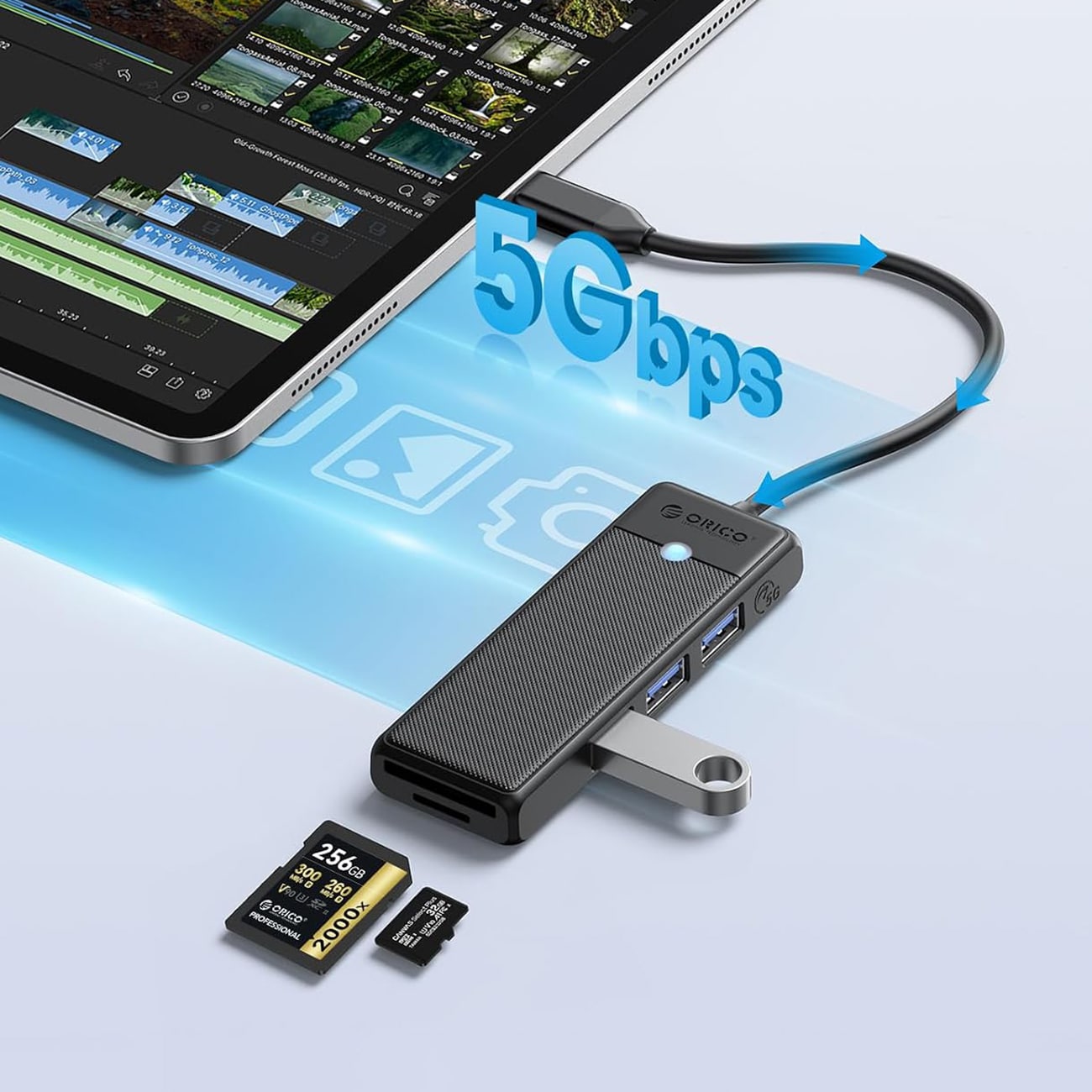 Orico PAPW3AT-C3 USB-hubb med 4 portar (3x USB-A 3.0) och microSD-/SD-kortläsare, 1 m – svart