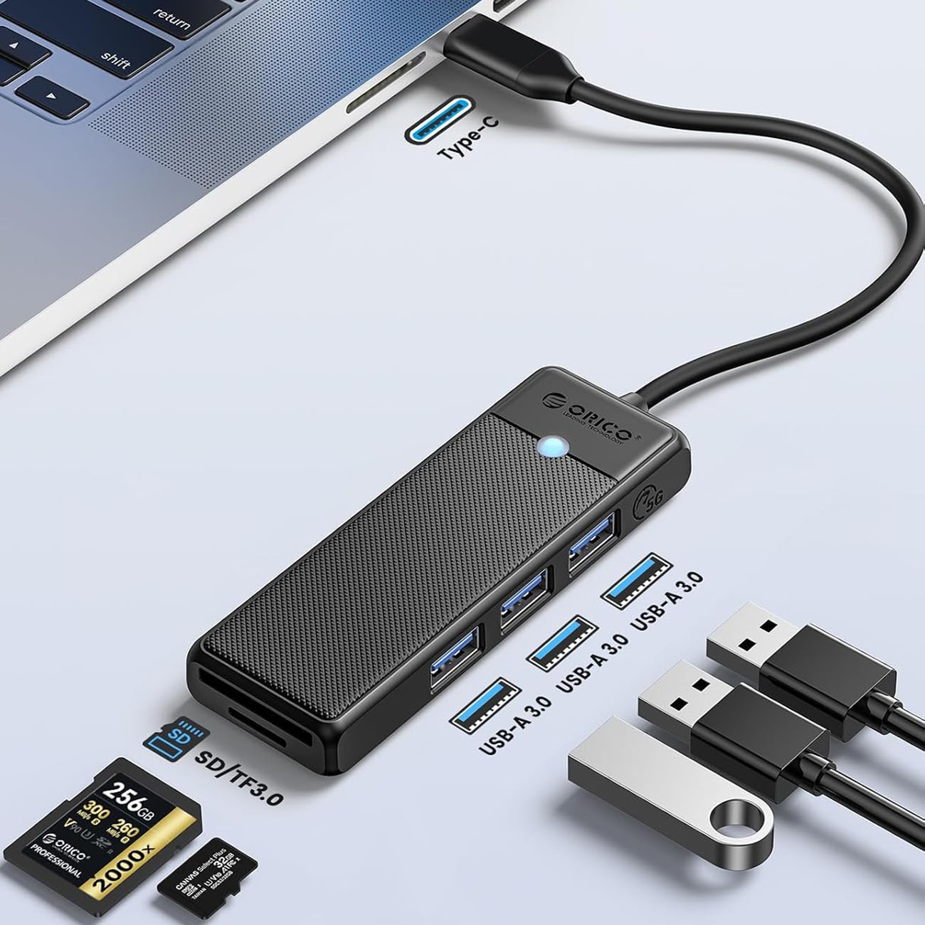 Orico PAPW3AT-U3 USB-hubb med 4 portar (3x USB-A 3.0) och microSD-/SD-kortläsare, 1,8 m – svart