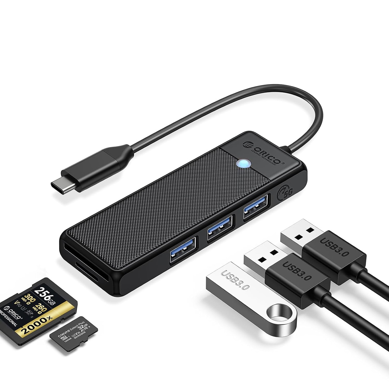 Orico PAPW3AT-U3 USB-hubb med 4 portar (3x USB-A 3.0) och microSD-/SD-kortläsare, 1,8 m – svart