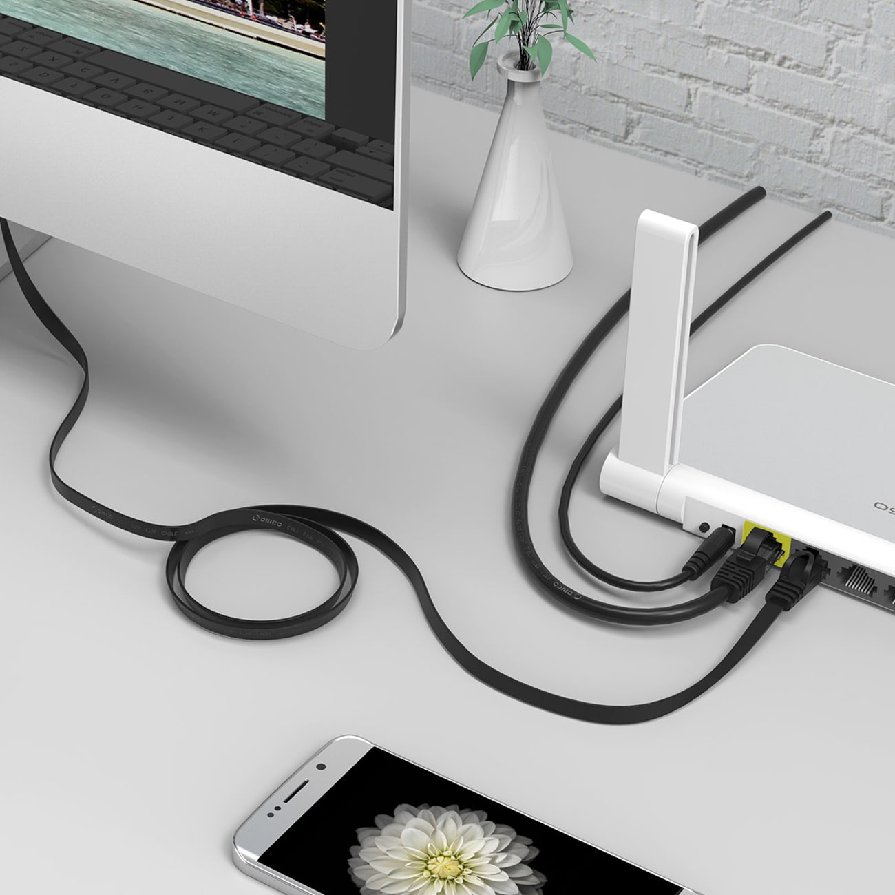 Orico PUG-C7B CAT7 10 Gbps RJ45 Ethernet-nätverkskabel för internet och LAN, platt, 5 m – svart