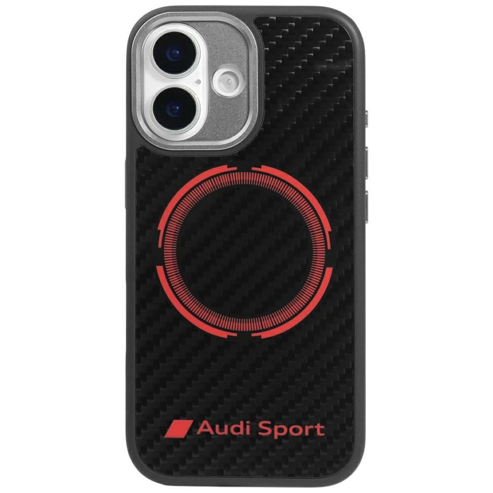 Audi RSQ MagSafe-fodral i kolfiber med röd cirkel för iPhone 17 – Svart