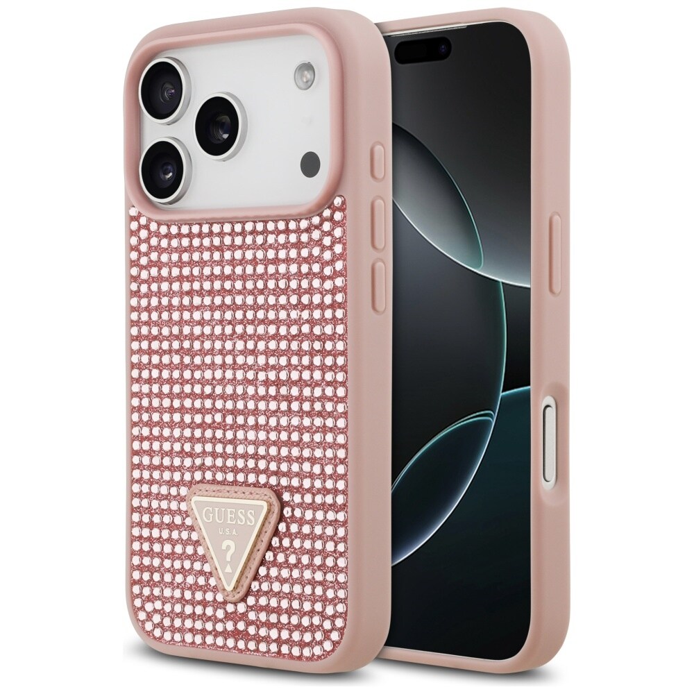 Guess-skal till iPhone 17 Pro med triangelformad strasslogotyp – rosa