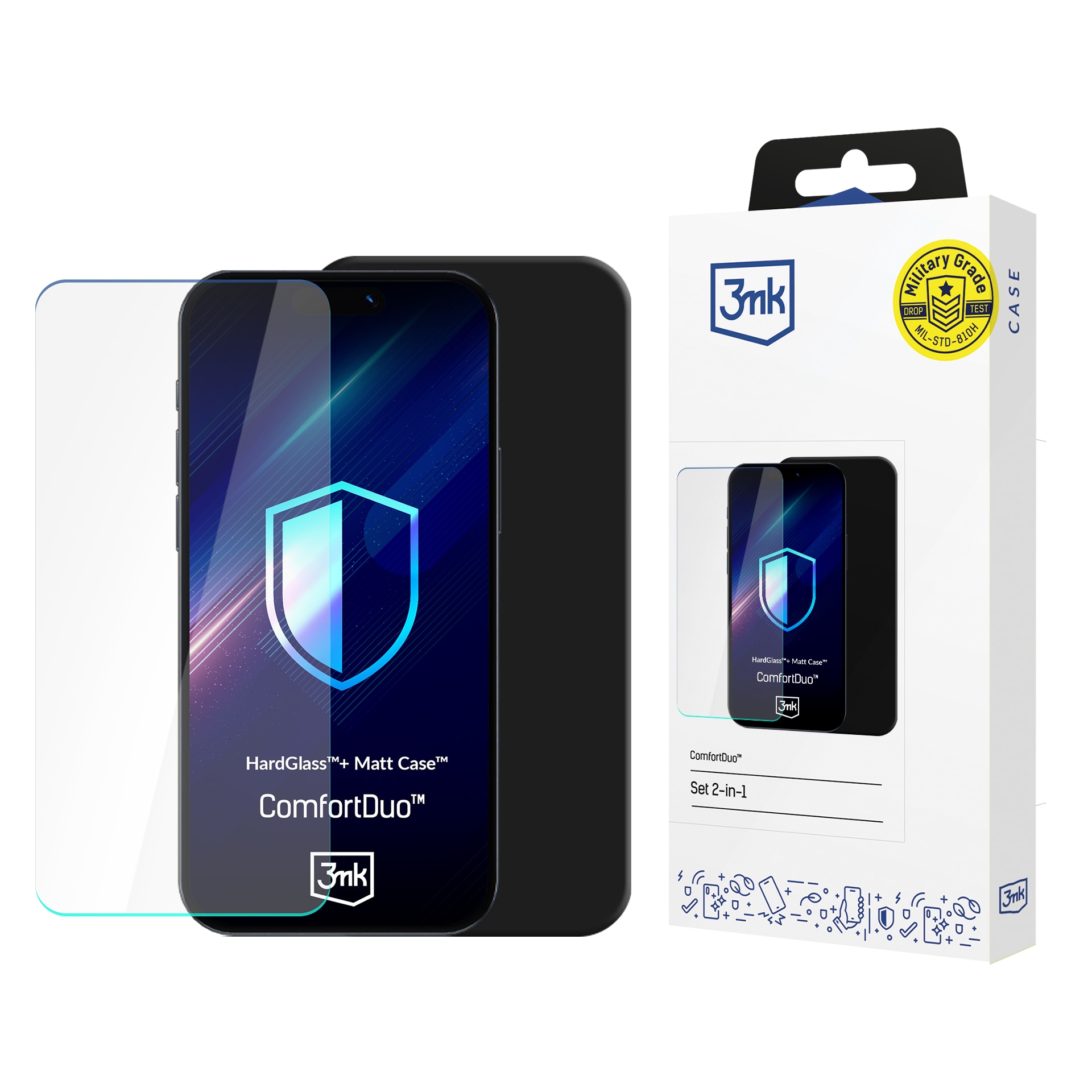HardGlass™-set med härdat glas och Matt Case™ 3mk ComfortDuo för Samsung Galaxy A17 5G – Svart
