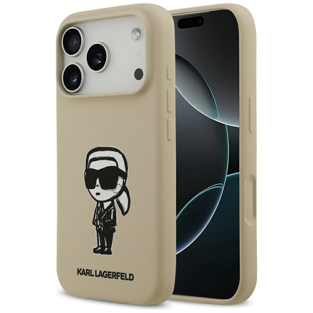 Karl Lagerfeld MagSafe-fodral i silikon med Karl-skiss och logotyp för iPhone 17 Pro – brunt