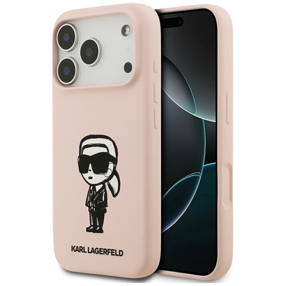 Karl Lagerfeld MagSafe-fodral i silikon med Karl-skiss och logotyp för iPhone 17 Pro Max – Rosa