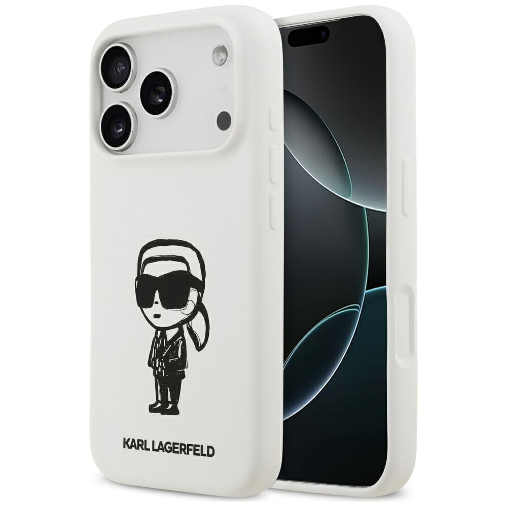 Karl Lagerfeld MagSafe-fodral i silikon med Karl-skiss och logotyp för iPhone 17 Pro – vitt