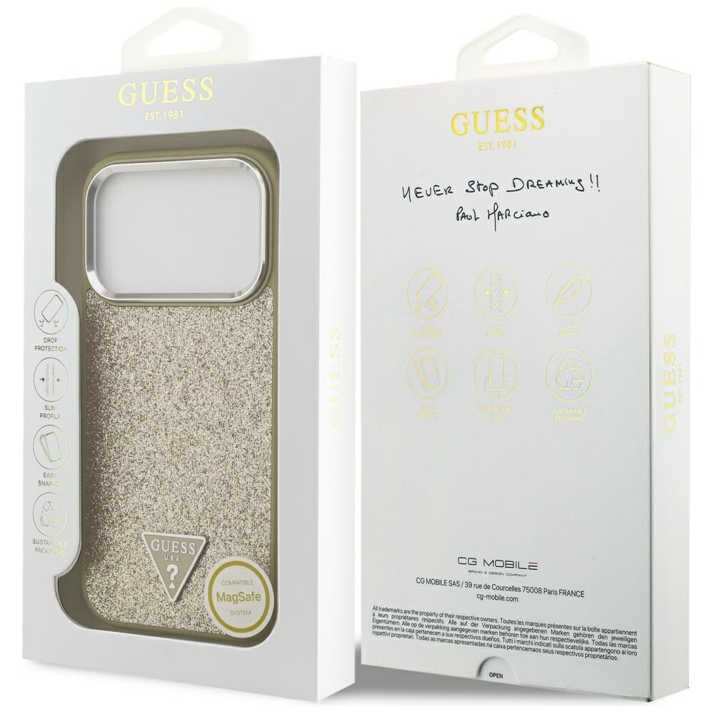 Guess Glitter Triangle Logo MagSafe-etui til iPhone 17 Pro – Guld
