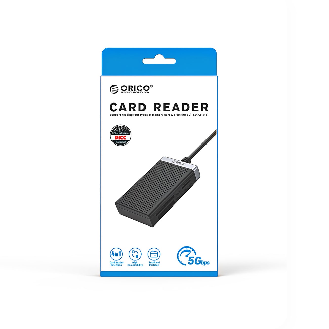 Orico CL4D-A3 USB-A 3.0 SD, microSD, CF, MS 5 Gb/s minneskortläsare – svart och silver