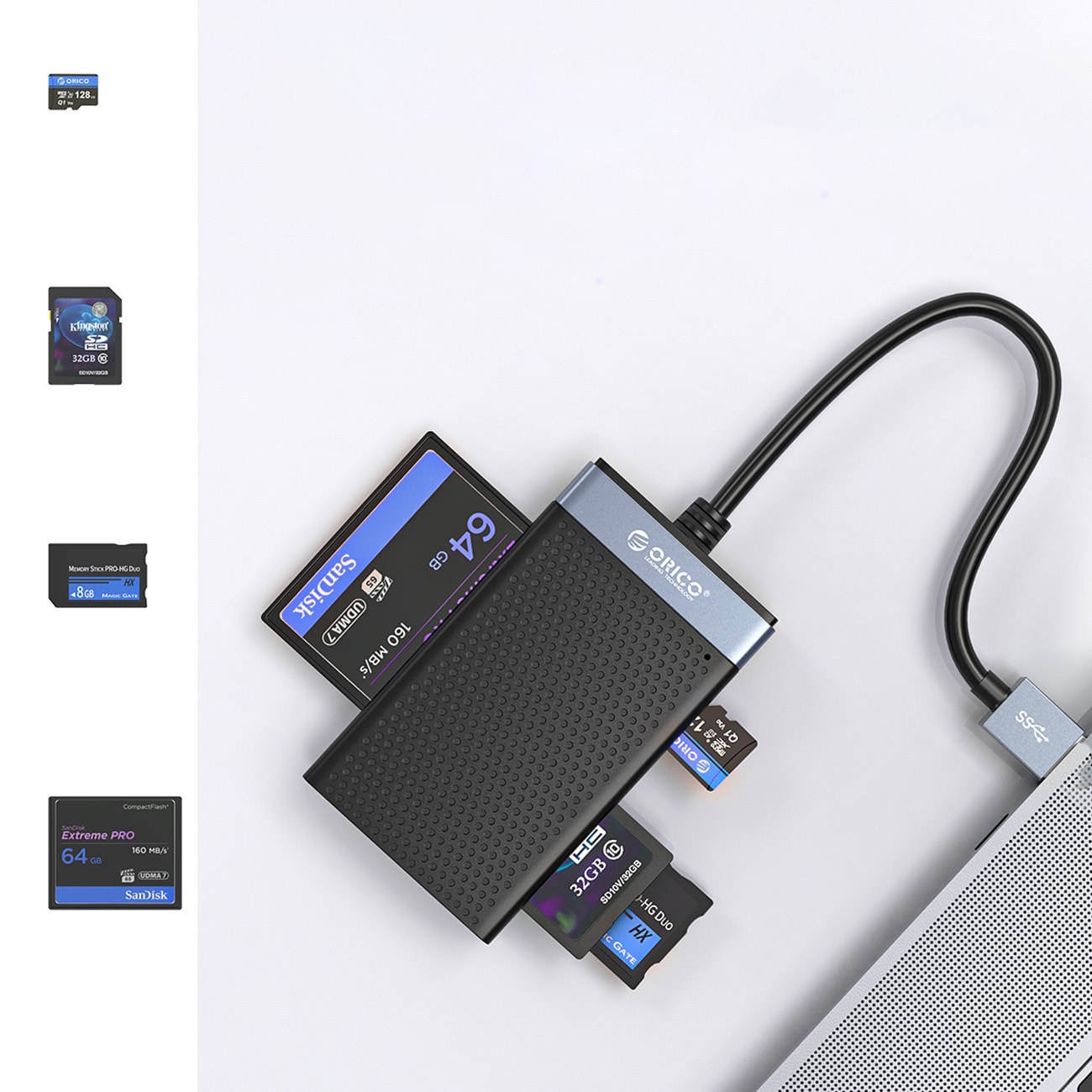 Orico CL4D-A3 USB-A 3.0 SD, microSD, CF, MS 5 Gb/s minneskortläsare – svart och silver