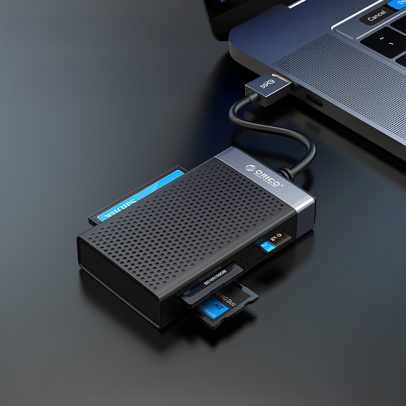 Orico CL4D-A3 USB-A 3.0 SD, microSD, CF, MS 5 Gb/s minneskortläsare – svart och silver