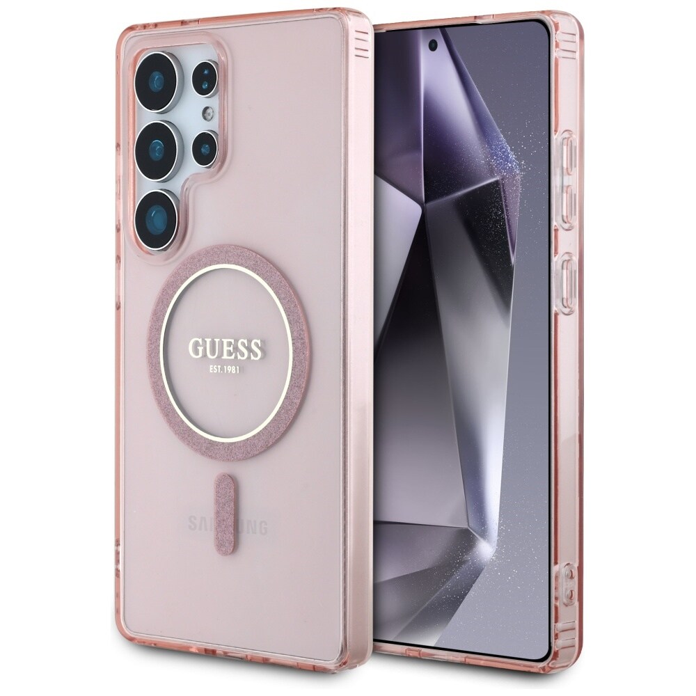 Guess Glitter Circle Classic Logo MagSafe-fodral till Samsung Galaxy S25 Ultra – rosa