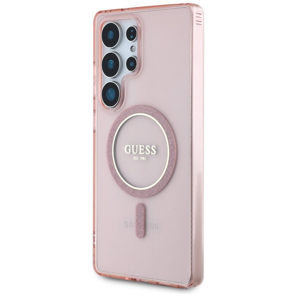 Guess Glitter Circle Classic Logo MagSafe-etui til Samsung Galaxy S25 Ultra – lyserød