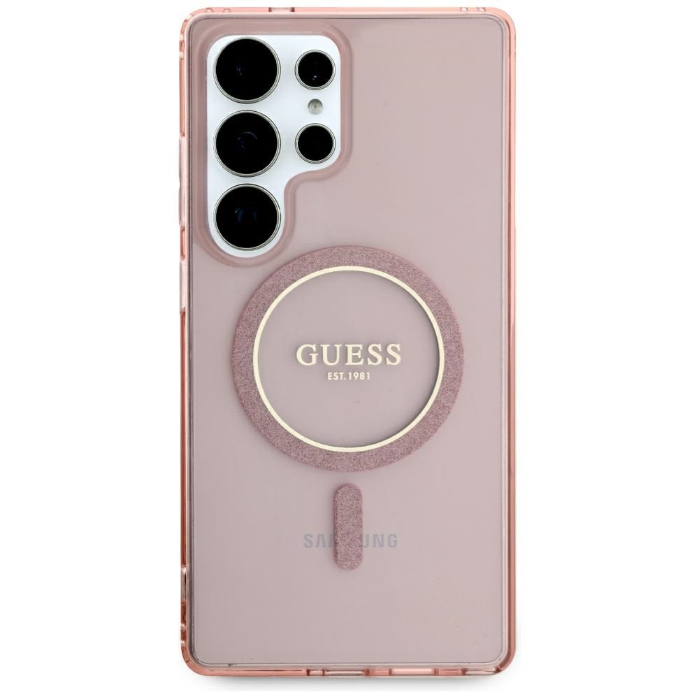 Guess Glitter Circle Classic Logo MagSafe-etui til Samsung Galaxy S25 Ultra – lyserød