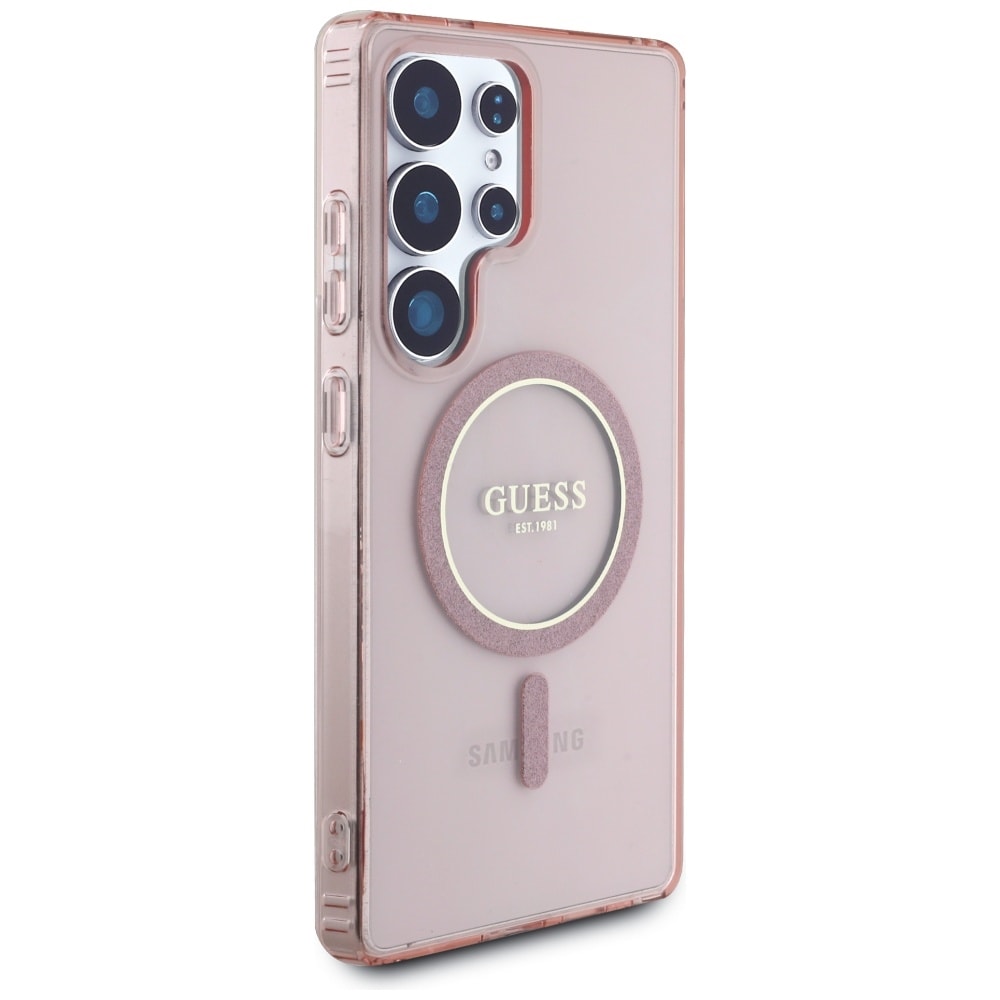 Guess Glitter Circle Classic Logo MagSafe-etui til Samsung Galaxy S25 Ultra – lyserød