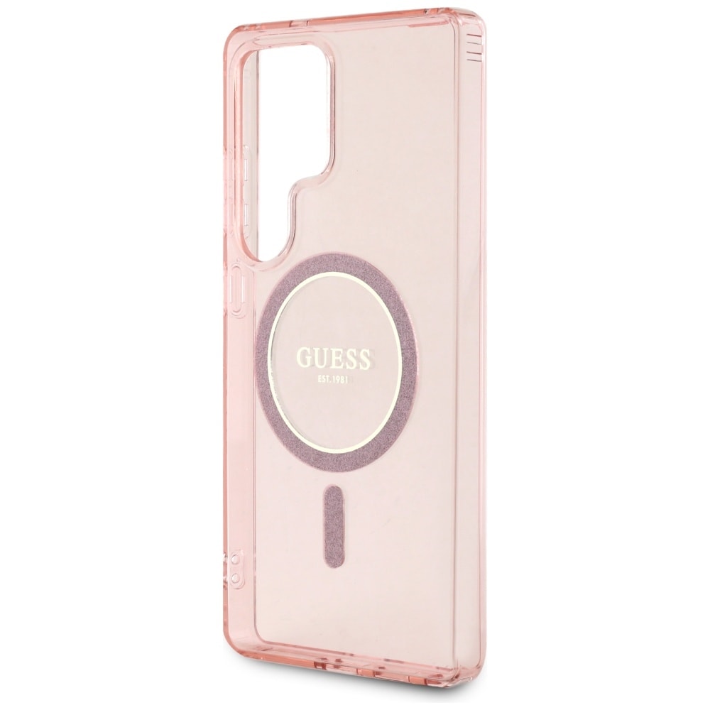 Guess Glitter Circle Classic Logo MagSafe-etui til Samsung Galaxy S25 Ultra – lyserød