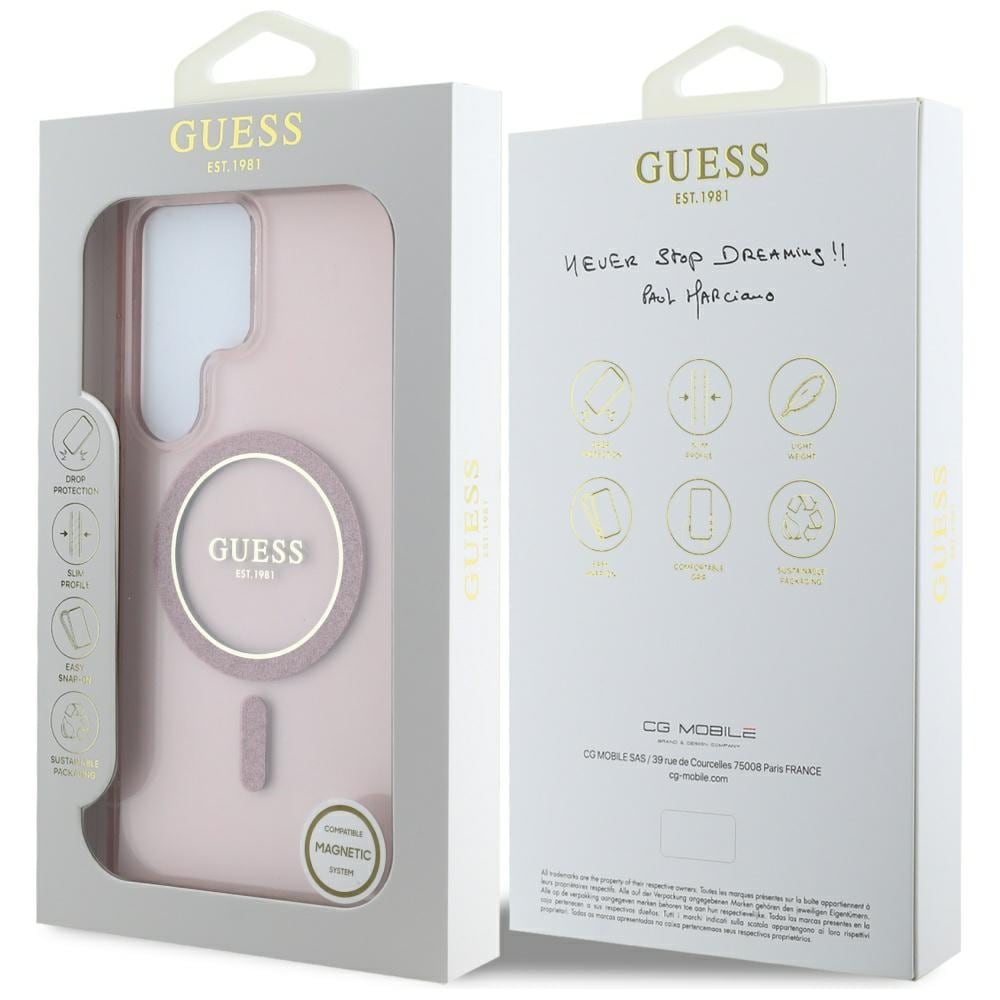 Guess Glitter Circle Classic Logo MagSafe-etui til Samsung Galaxy S25 Ultra – lyserød