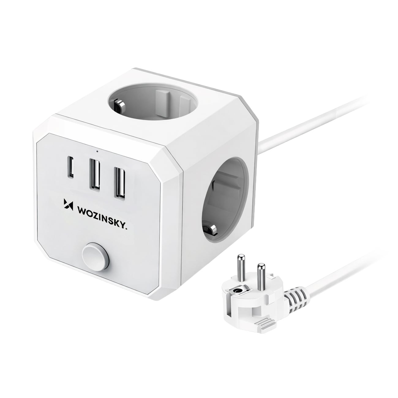 Wozinsky WKZ-3B Power Cube 3x växelström, 2x USB-A, 1x USB-C, 4000 W med 1,8 m kabel – vit