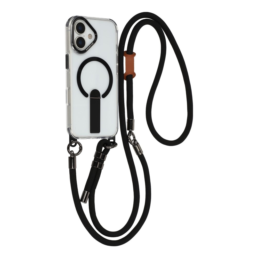 iPhone 17-fodral med stativ, kort rem (30 cm) och lång rem (120 cm), kompatibelt med MagSafe – svart