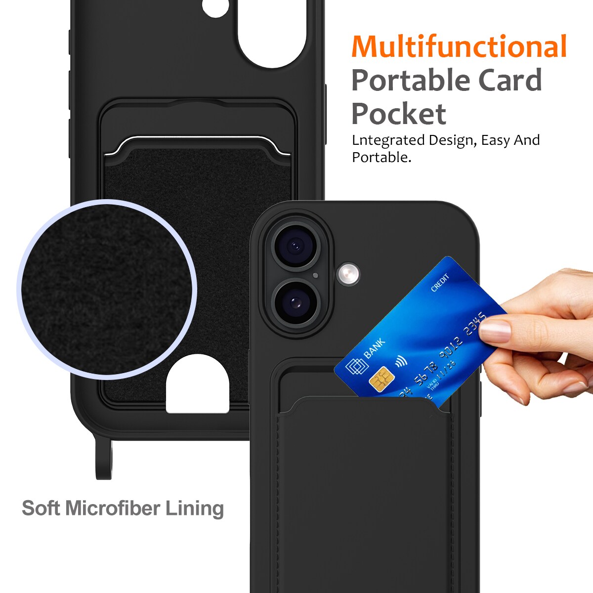 iPhone 17 TPU-etui med kortholder og skulderrem – sort