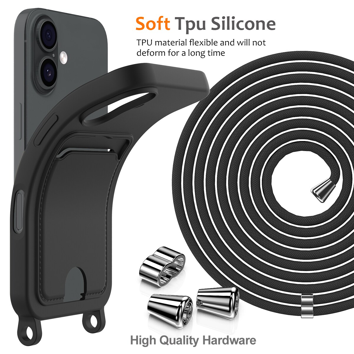 iPhone 17 TPU-etui med kortholder og skulderrem – sort