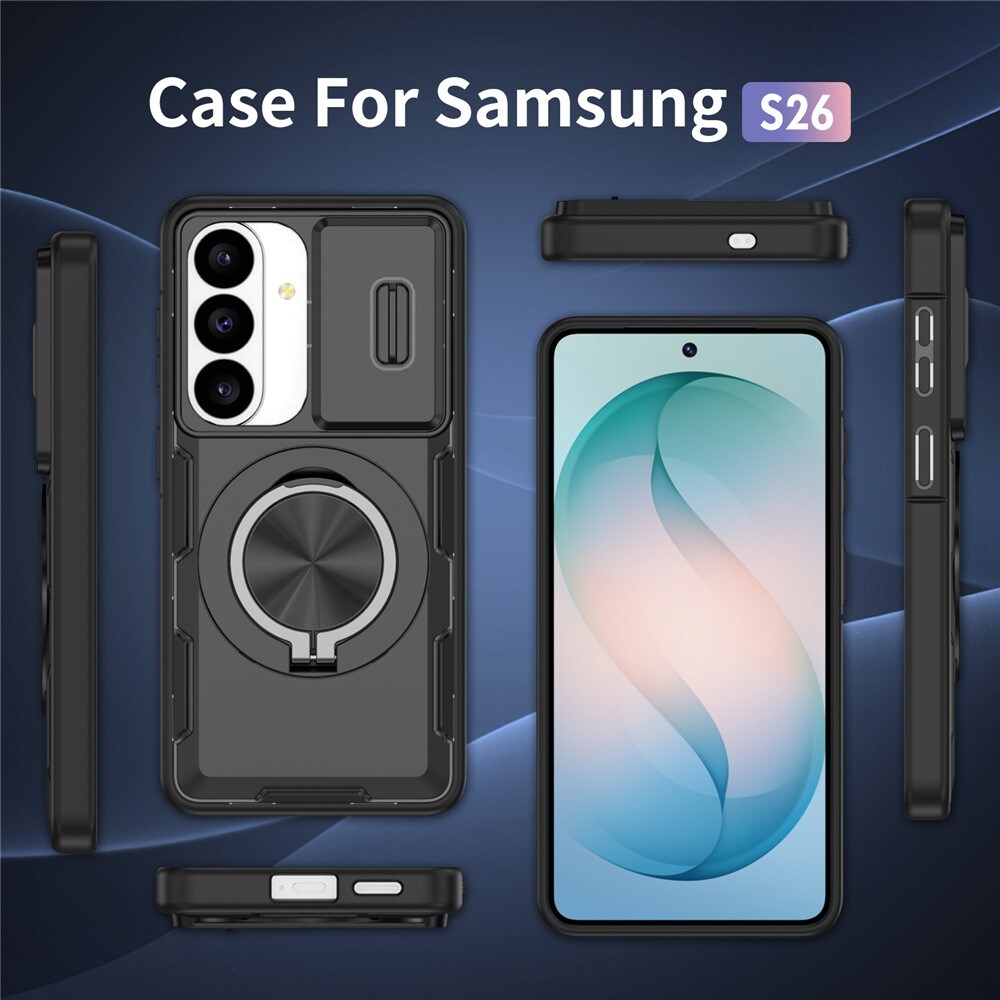 Samsung Galaxy S26-etui med udtrækkeligt kameradæksel og drejbart stativ, MagSafe – sort
