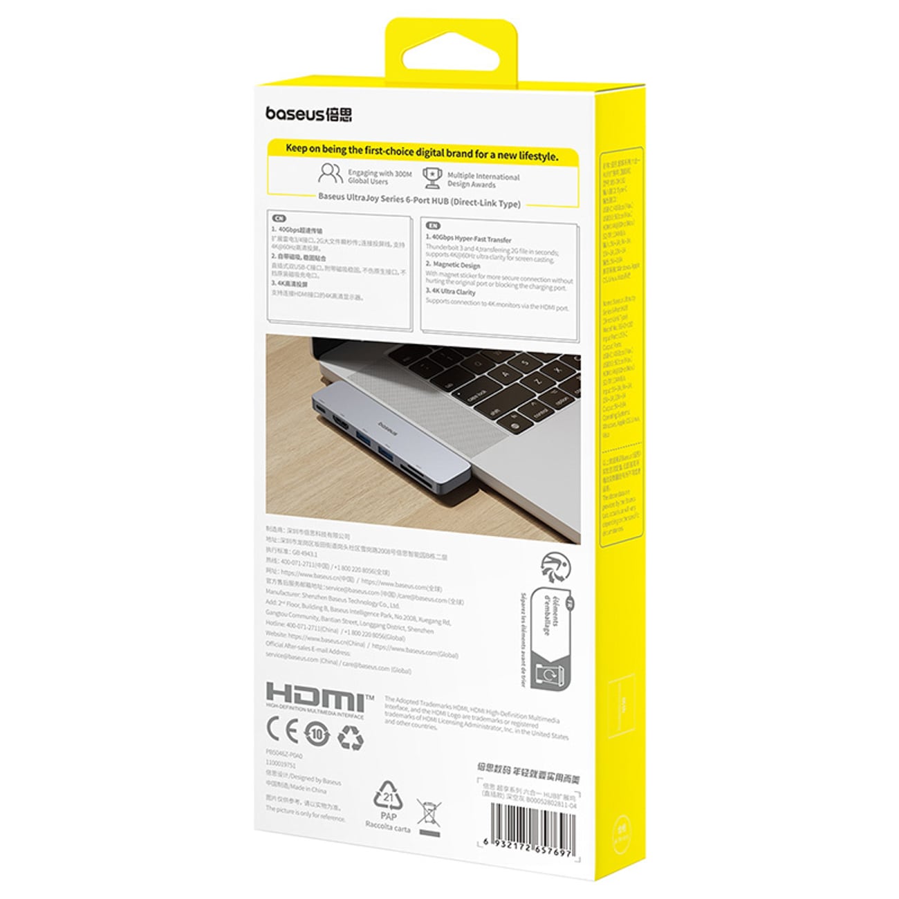Baseus UltraJoy 6-i-1 USB-C-hubb 40 Gb/s USB 3.0 HDMI 4K SD/microSD-kortläsare – grå