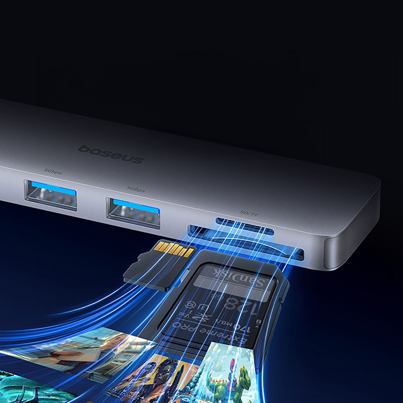 Baseus UltraJoy 6-i-1 USB-C-hubb 40 Gb/s USB 3.0 HDMI 4K SD/microSD-kortläsare – grå