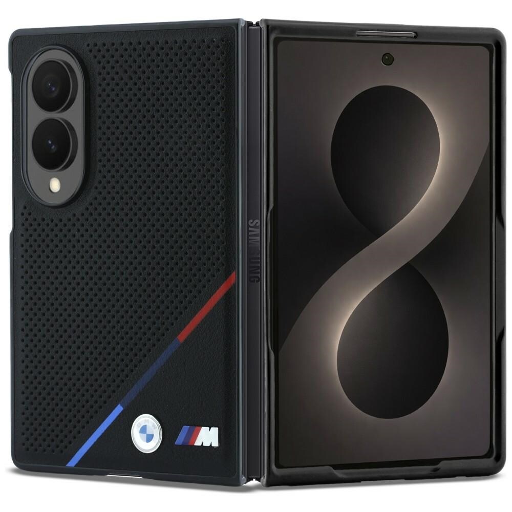 BMW-fodral i perforerat läder, trefärgade ränder, metallogotyper, MagSafe, Galaxy Z Fold 8 – Svart