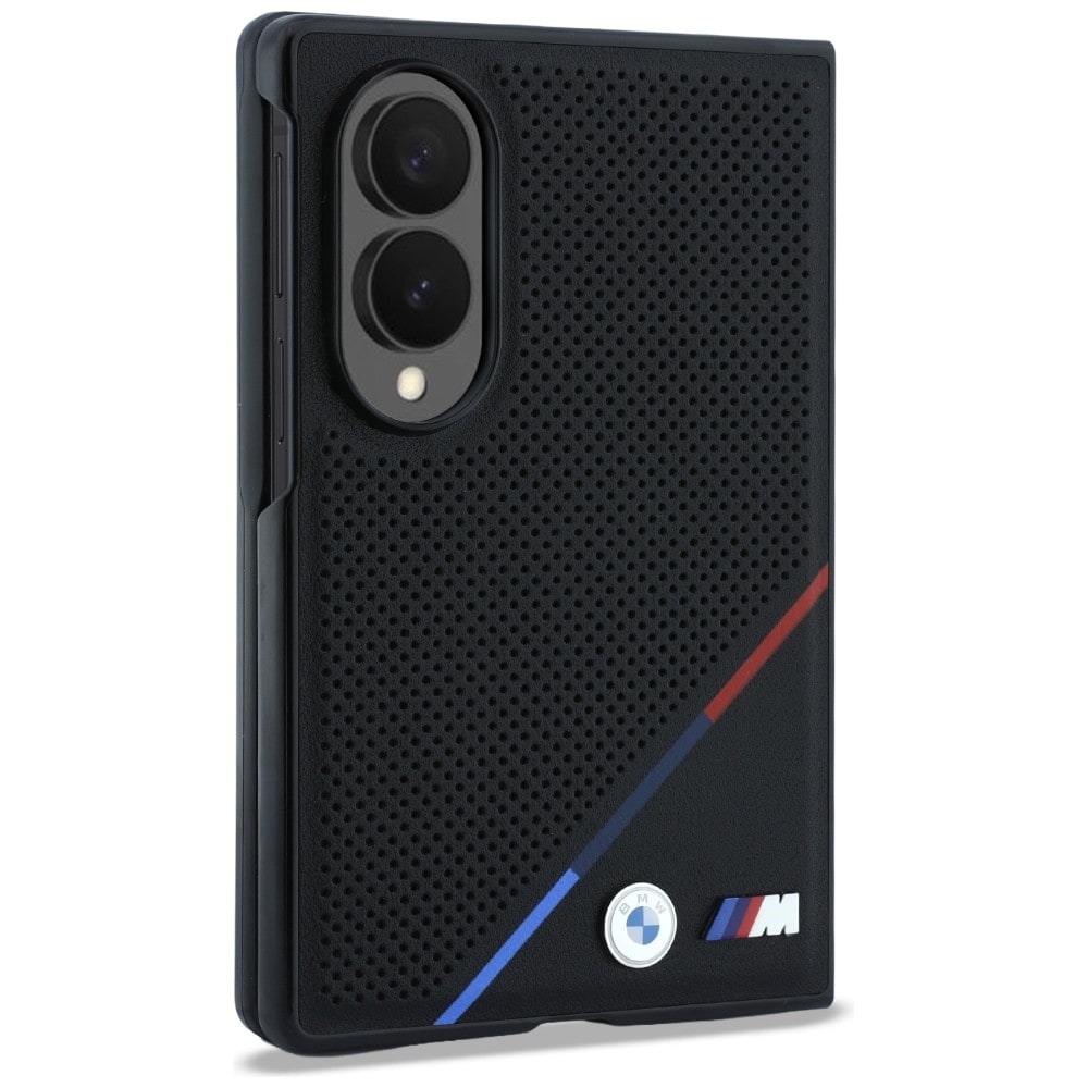 BMW M læderetui m/perforering, trefarvede striber, metal-logoer, MagSafe til Galaxy Z Fold 8 – sort