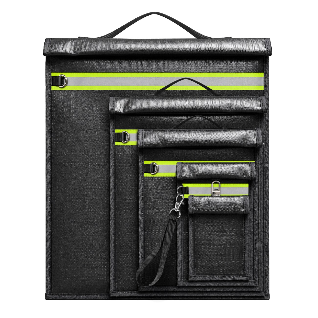 Set med 5 brandsäkra RFID-skyddande påsar OTN-5R med handtag och reflex – svarta