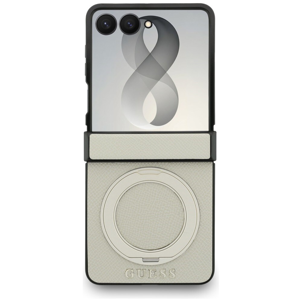 Guess magnetisk ringholder, kornet overflade, Classic-logo – MagSafe-etui Z Flip 8 – beige
