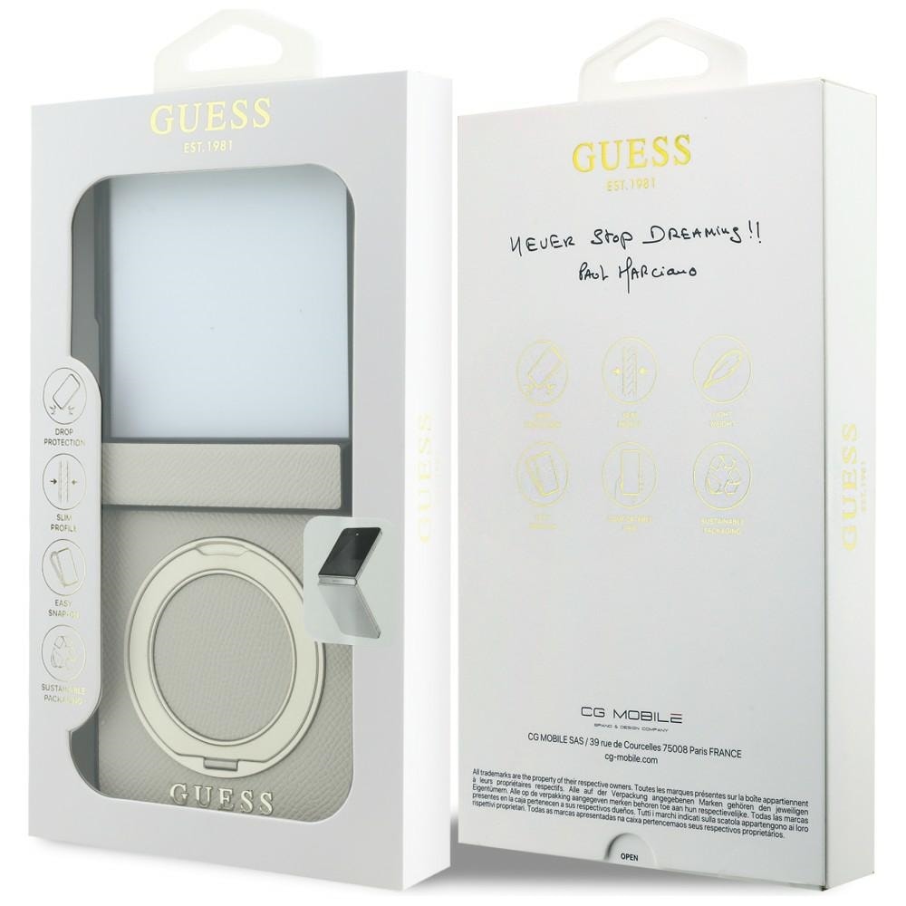 Guess magnetisk ringholder, kornet overflade, Classic-logo – MagSafe-etui Z Flip 8 – beige