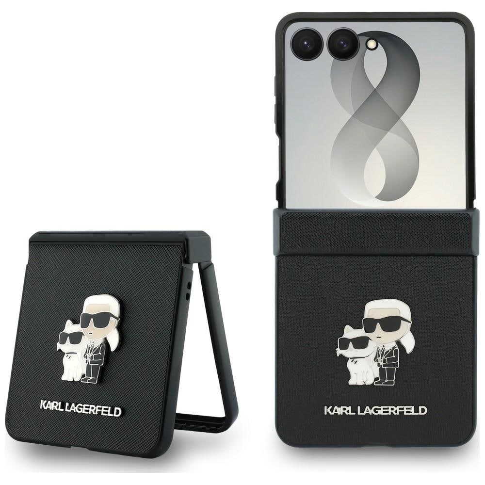 Karl Lagerfeld Karl&Choupette Saffiano-fodral med nålar för Samsung Galaxy Z Flip 8 – Svart
