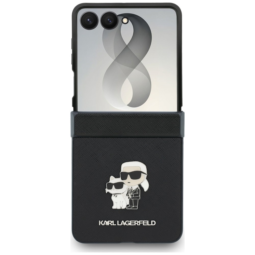 Karl Lagerfeld Karl&Choupette Saffiano-etui med nåle til Samsung Galaxy Z Flip 8 – Sort