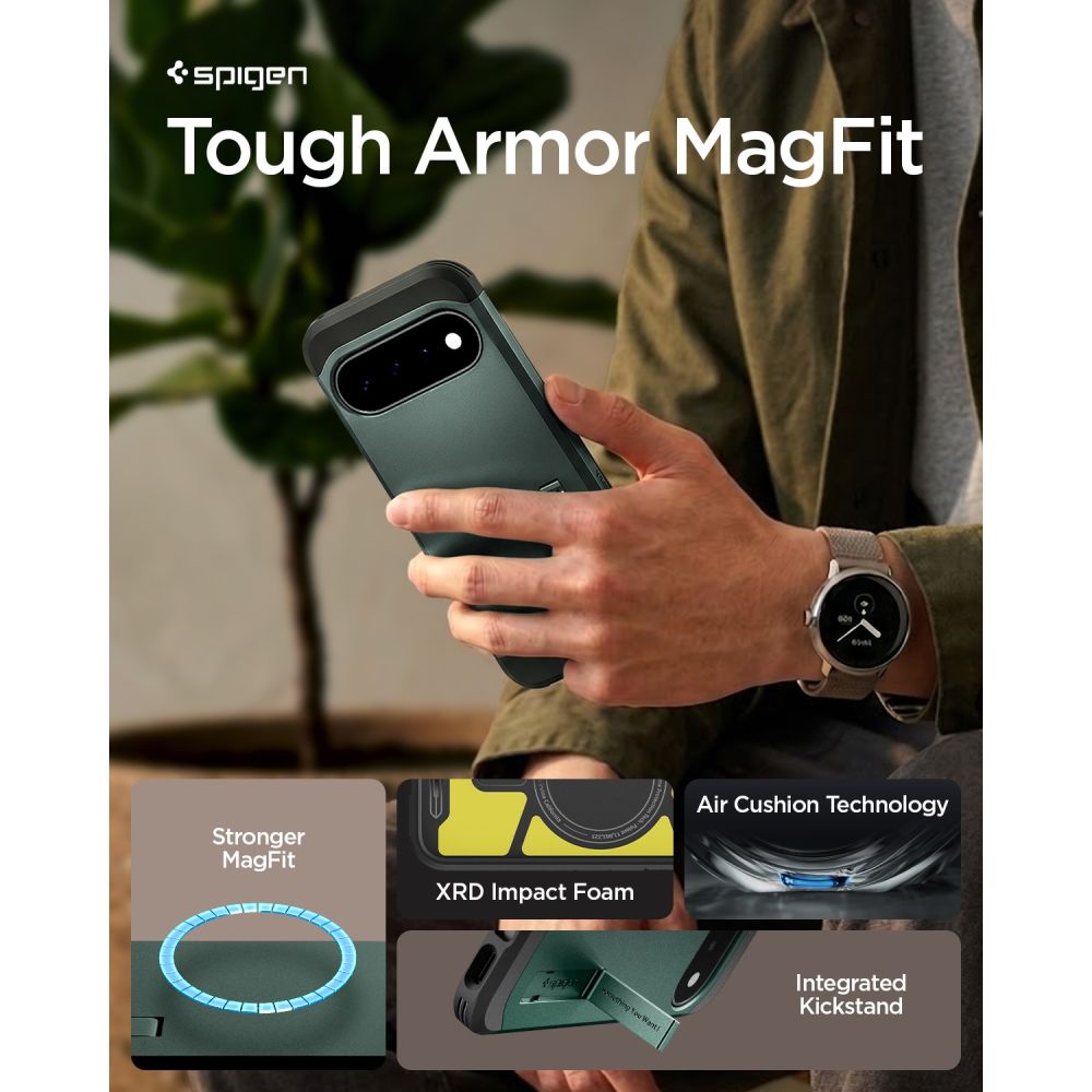 Spigen Tough Armor Mag MagSafe-etui til Google Pixel 11 – mørkegrøn